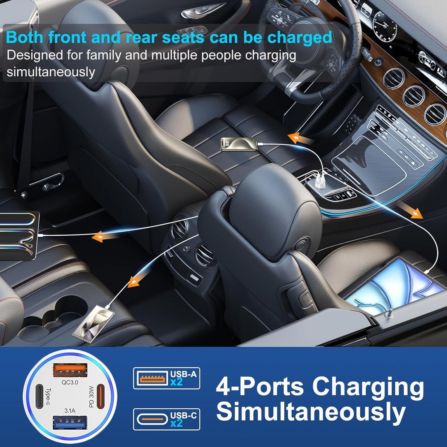 ChargeRush 65W – Fast 4-Port Car USB-C Charger for iPhone & iPad