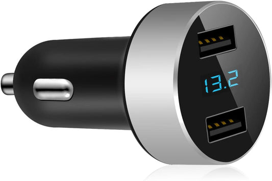 Dual USB Car Charger – 4.8A Cigarette Lighter Adapter with Voltage Display (Silver)